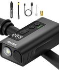 2 In 1 Mini Electric Bike Pump with LED Headlight attached to handlebar, includes digital gauge and accessories