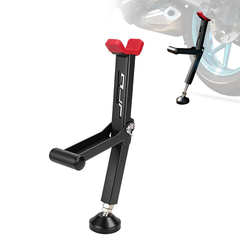 Compact Foldable Motorcycle Wheel Lift Stand for Front or Rear Wheels, lightweight aluminum design, easy to carry and store.