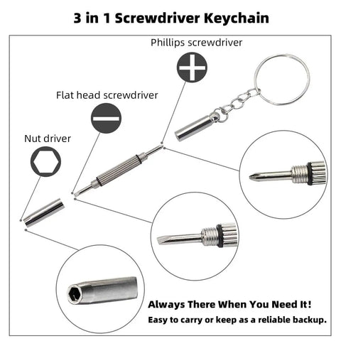 All In One Eyeglass Repair Kit With Anti Slip Nose Pad Replacement And Glasses Screws, precision screwdrivers on keychain.