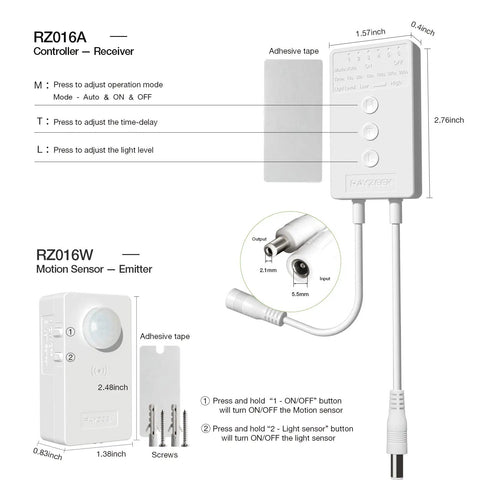 Wireless Motion Sensor Controller Kit No Wiring For LED Strip Lights 12 24V DC RF Remote Control Dimmer Timer Motion Activated Staircase Lighting Easy Install with RZ016A receiver and RZ016W sensor