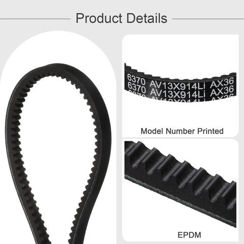 AX36 Cogged V-Belt EPDM Rubber Belt for Beefy, Heavy Duty Industrial Machinery, shown in close-up displaying raw edge and model number.
