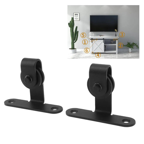 Top Shelf Heavy Duty Sliding Barn Door Roller Kit With Whisper Quiet Gliders And Smooth Operator Hardware, black metal brackets for DIY installation.