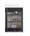 Freestanding Wooden Closet System Featuring Modular Cubbies And Hanging Rods Delivers Totally No Sweat Customizable Wardrobe Storage For Clothes Shoes And Accessories In Sleek Gray with hats and bags.