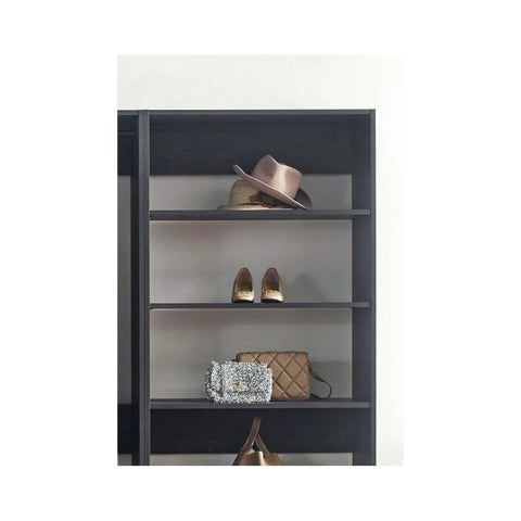 Freestanding Wooden Closet System Featuring Modular Cubbies And Hanging Rods Delivers Totally No Sweat Customizable Wardrobe Storage For Clothes Shoes And Accessories In Sleek Gray with hats and bags.