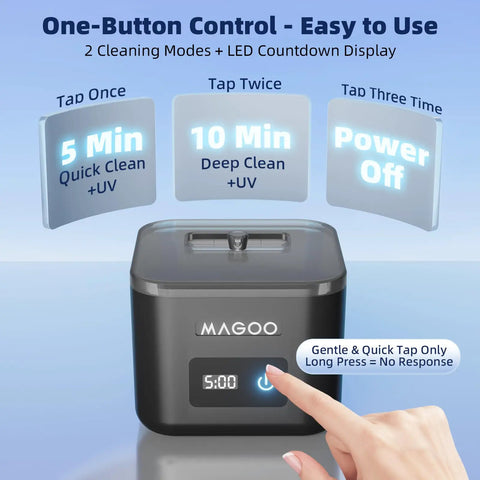 Powerful 45kHz Ultrasonic Cleaner for Dentures, Aligners, Mouth Guards with UV Sanitizer, one-button control display.