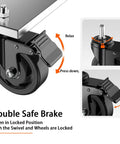 Top Shelf Heavy Duty Swivel Caster Wheel Set Of Four With Three Inch Polyethylene Tires And Three Eighths Threaded Stem Brakes showing double safe brake mechanism.
