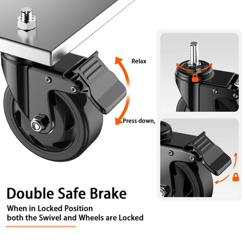 Top Shelf Heavy Duty Swivel Caster Wheel Set Of Four With Three Inch Polyethylene Tires And Three Eighths Threaded Stem Brakes showing double safe brake mechanism.