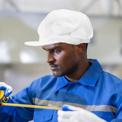 Hella Breathable Antistatic Mesh Protective Cap With Knockout Grip For Electronics Shops And Cleanrooms Plus Dustproof Work Hats worn by a worker measuring in a factory.