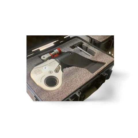 Heavy-Duty Hydraulic Torque Wrench Aluminum Titan Body 360 Adjustable Reaction Arm in protective case for smooth operation.