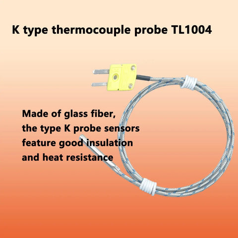 Universal K Type Thermocouple Probe TL1004 for K Type Thermometers, pro grade metal probe, glass fiber insulation.