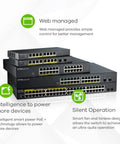 Stack of smart managed 24 Port PoE Switch With 170W Budget And 2 GbE SFP Uplinks showing size and features like silent fan cooling.