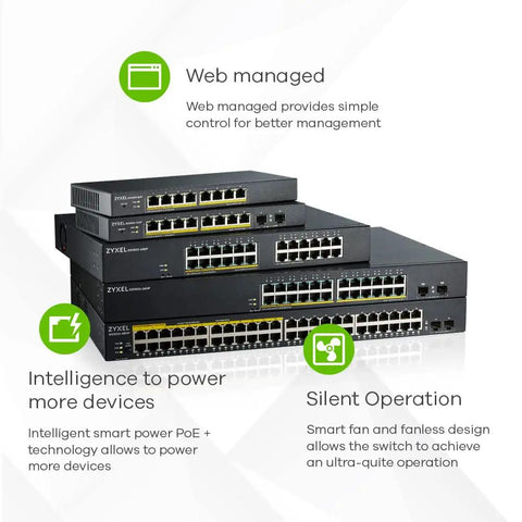 Stack of smart managed 24 Port PoE Switch With 170W Budget And 2 GbE SFP Uplinks showing size and features like silent fan cooling.