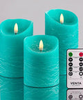Turquoise Real Wax Flameless Candles Set Of 3, Teal LED Pillar Candles With Remote And Timer, coastal decor, lit wicks.