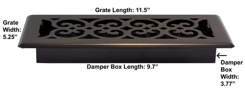 Side view of Scroll Design Floor Register 4x10 Rubbed Bronze Finish 8 Pack Decorative Steel Vents for HVAC Duct Openings with Damper Box