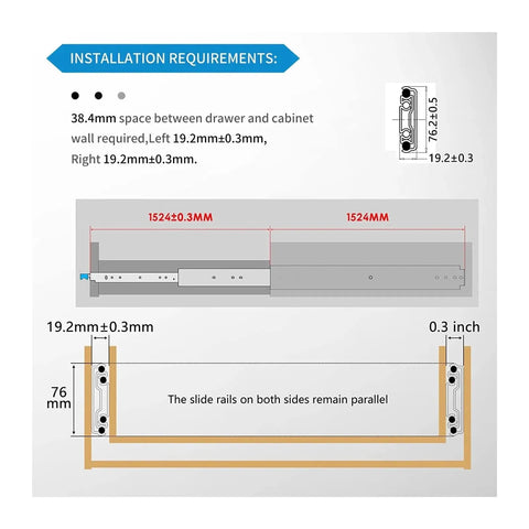 Installation diagram for Beefy Heavy Duty Drawer Slides 12 To 20 Inch 500Lbs Load No Lock Full Extension Ball Bearing 3 Fold Guide Rails.