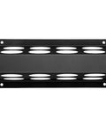 Wall-mounted black iron storage rack with open slots for pool plug removal tool with stainless steel wrench handle