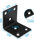 Close-up of black stainless steel L bracket with dimensions, part of a Twenty Pack One And A Half Inch Black Stainless Steel L Brackets