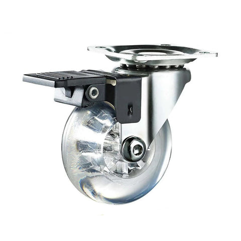 Close-up of a 2 Inch Heavy Duty Swivel Caster Wheel with Brake, showing clear rubber construction and top plate for mounting.