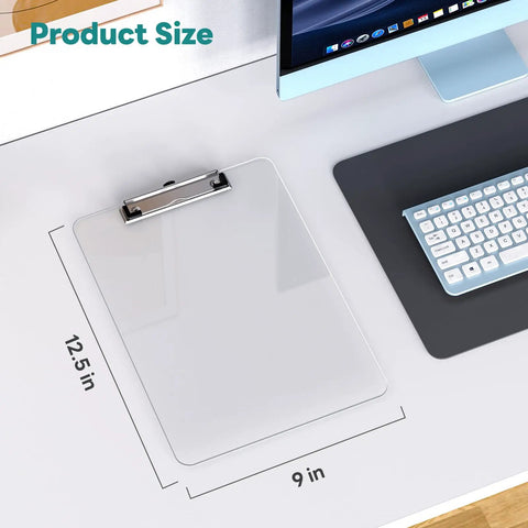 Clear Plastic Clipboard 2 Pack For 8.5 By 11 Papers, Letter Size, Low Profile Clip on desk with keyboard