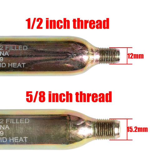 Close-up of 45g 60cc CO2 Cylinder with Half Inch Thread for Airbag Vest and Inflatable Jackets Replacement, showing thread size comparison