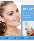 Woman using ear care tool with soft ear spoon and comfortable handle; insert image of tool showing carry-friendly design.