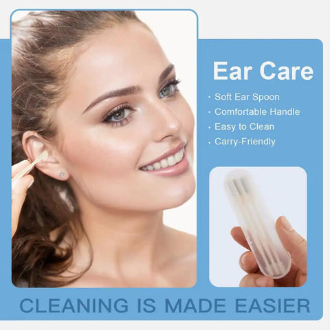 Woman using ear care tool with soft ear spoon and comfortable handle; insert image of tool showing carry-friendly design.