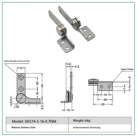 Diagram and image of Stainless Steel Constant Torque Friction Stay Door Hinge 0.7Nm Heavy Duty Position Control Hinges