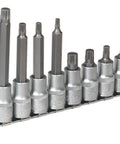 Heavy Duty Hardcore 10 Piece 1/2 Inch Square Drive Spline Socket And Bit Set With Knurled Grip Rings Forge Hardened Chrome Vanadium Steel.