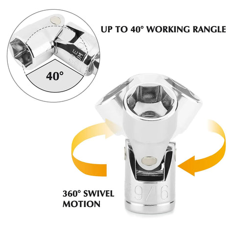 3/8 Inch Drive Universal Joint Socket Set With Swivel Head, Heavy Duty 6 Point SAE Flex Socket Kit In Chrome Vanadium Steel, Mirror Finish, Reaches Tight Spots With 40 Degree Angles And 360 Degree Rotation, Includes 3/8 To 3/4 Inch Sizes, 9/16 socket