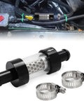 Inline Coolant Filter And Inspection System For Heater Core, 5/8 inch fit, shown installed with stainless steel mesh and clamps.