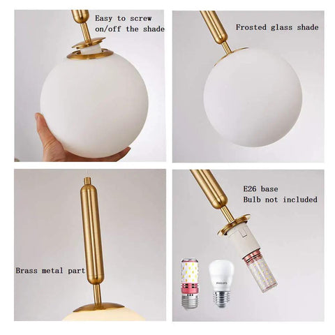 Four images showing Plug In Globe Pendant Light With Frosted Glass Ball Shade, Easy To Install Ceiling Pendant For Dining Room, Bedroom Or Hallway