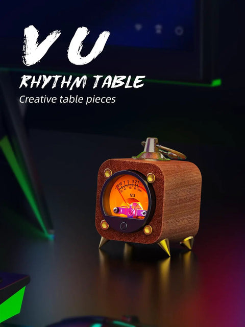 Wireless Retro Analog VU Meter Panel Display With Warm Backlight And Sound Level Indicator Dope Audio Level Amp Music Sync Pickup Rhythm Ambient Lights For Home Studio And DJ Setup on wooden table