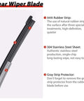 Tough As Nails All Season Rear Wiper Blade showing AAA rubber strip, 304 stainless steel sheet, and gray strip protector details.