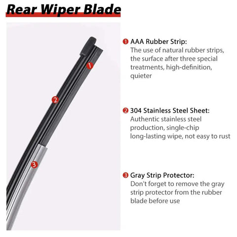 Tough As Nails All Season Rear Wiper Blade showing AAA rubber strip, 304 stainless steel sheet, and gray strip protector details.