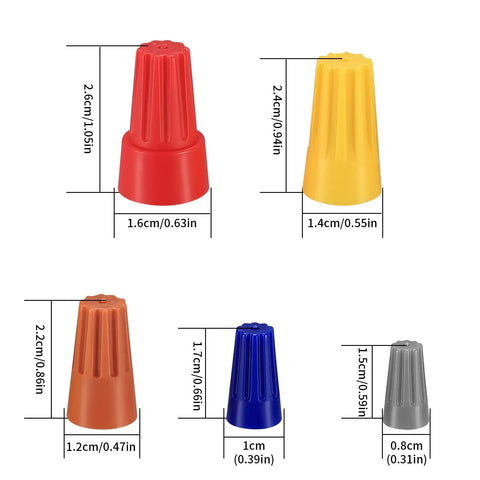 102 Pcs Wire Nut Connectors Kit With Colorful Caps and dimensions shown for red, yellow, orange, blue, and gray nuts.
