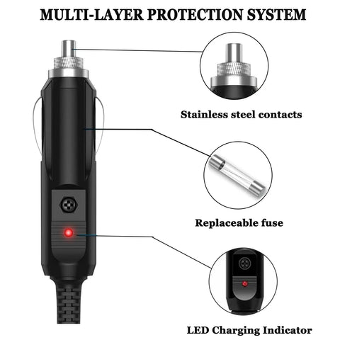 Heavy Duty 12V 24V Car Charger Cable With Xt60 Connector Ten Foot Dc Adaptor For EcoFlow Bluetti And Anker Portable Power Stations showing stainless steel contacts and replaceable fuse.