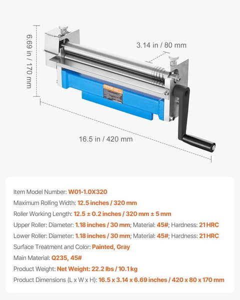 Beefy Slip Roll Metal Forming Machine 12.6 Inch With Detachable Rollers and hand crank, 20 Gauge Capacity