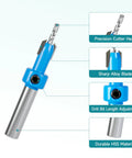 Close-up of 8mm Round Shank Countersink Drill Bit Set for Woodworking in HSS material with labeled features.