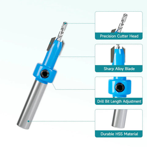 Close-up of 8mm Round Shank Countersink Drill Bit Set for Woodworking in HSS material with labeled features.