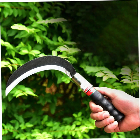Hand holding Two Pack Manganese Steel Weeding Sickle Garden Tool Set against green foliage