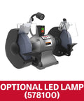 Beefy 12 Inch Industrial Bench Grinder With A Serious 2 HP Motor Spinning At 1800 RPM showing Vitrified Grinding Wheels and optional LED lamp.
