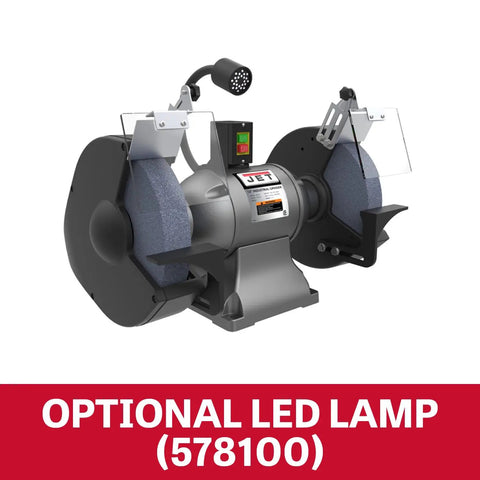 Beefy 12 Inch Industrial Bench Grinder With A Serious 2 HP Motor Spinning At 1800 RPM showing Vitrified Grinding Wheels and optional LED lamp.