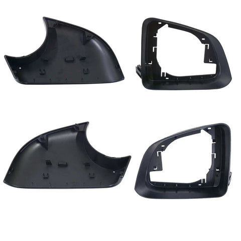 Premium Aftermarket Left And Right Side View Mirror Lower Cover Holder Plus Glass Frame Kit For Tesla Model Y 2020 Through 2023 Slick Black Pair, showing two cover pieces.