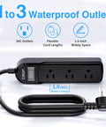 Outdoor Weatherproof Power Strip With 3 Outlets 3 Ft Short Waterproof Extension Cord Surge Protector 16 AWG 1875W 15A