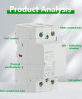 Heavy Duty 63A Two Pole Din Rail Contactor With 24V Ac Dc Coil showing product analysis labels for connections and specifications.