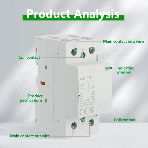 Heavy Duty 63A Two Pole Din Rail Contactor With 24V Ac Dc Coil showing product analysis labels for connections and specifications.