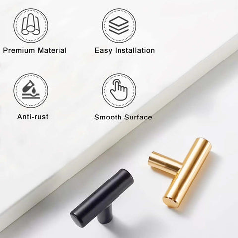 Two cabinet knobs, one gold and one black, highlighting premium material, easy installation, and anti-rust features.