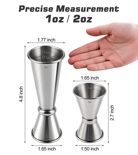 Stainless Steel Cocktail Jiggers 2 Pack Japanese Style Double Measuring Cups For Bartenders 1oz 2oz and 0.5oz 1oz shown with hand for scale
