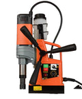 Magnetic Drill Press Portable With Adjustable Speed For Metal Work Surfaces, side view showcasing compact orange design and controls.