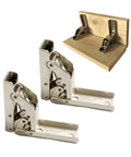 10 Piece 90 Degree Folding Hidden Hinge Brackets for tables and cabinets, heavy duty cold rolled steel hardware, shown with wood support